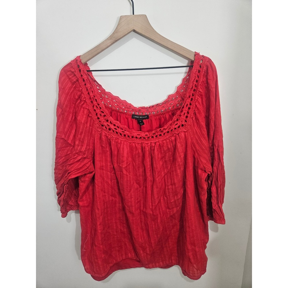 Lane Bryant Red Cotton Gauze Eyelet Crochet‎ Peasant Blouse Top 20 644126